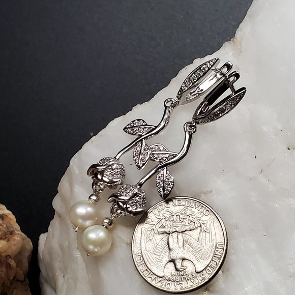 Platinum-plated Earrings White Topaz Natiral Pearl Floral Vintage Rose - Picture 4 of 7